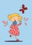 Vector cartoon funny blonde girl licking Lollipop and having fun running after a butterfly