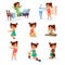 Vector cartoon girl daily routine activity set