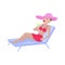 Vector cartoon girl in swimsuit lies on deckchair