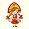 Vector cartoon girl in traditional russian costume. Funny Russian folk woman illustration