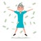 Vector cartoon grandmother jumping falling money