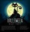 Vector cartoon halloween cat silhouette template with cemetery and full moon in dark scary night at cemetery