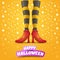 Vector cartoon halloween party poster with women witch legs and vintage ribbon with text happy halloween on orange