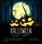 Vector cartoon halloween pumpkin silhouette with full moon in dark forest black and scary