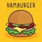 Vector cartoon hamburger , cheese and vegetable on yellow background.