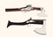 Vector cartoon hand drawn set of vintage flintlock pistol and battle axe combination weapon