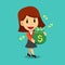 Vector cartoon happy businesswoman walking and carrying money bag