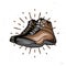Vector cartoon hiking shoes. Trekking boots with sunburst on the background.