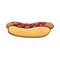 Vector cartoon hotdog icon with sausage isolated on white background. Vintage hot dog label design element.