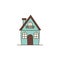 Vector cartoon house with brown roof and flue icon. Vector house with balcony icon