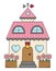 Vector cartoon house with heart shaped windows, flowers, weathervane. Home clipart for children. Cute cottage illustration. Funny