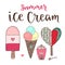 Vector cartoon ice cream set. Cones and cute icecream in doodle style