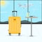 Vector cartoon illustration of airport terminal waiting hall with suitcases, airplane and Mojito.