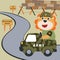 Vector cartoon illustration with animal soldier driving military vehicle. Creative vector childish background for fabric  textile
