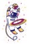 Vector cartoon illustration with asronaut playing basketball in space with planet ring