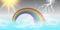 Vector cartoon illustration of a beautiful summer landscape with sun , rainbow , rain, thunder.