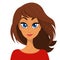 Vector cartoon illustration of a beautiful woman portrait with long brown hair and red dress. Top-model girl