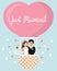 Vector cartoon illustration of the bride and groom in a hot air balloon in the sky. Happy wedding couple, just married