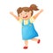Vector cartoon illustration of a cheerful laughing girl in a sundress with her hands up