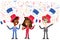 Vector cartoon illustration of confetti showering patriotic group of French business people celebrating Bastille Day