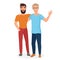 Vector cartoon illustration of couple boy males best friends isolated. Happy teenagers guys in a friendly hug.