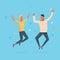 Vector cartoon illustration of Couple woman and man are jumping.