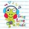 Vector cartoon illustration of cute frog loves music