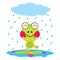 Vector cartoon illustration of cute frog plays on the rain