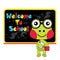 Vector cartoon illustration of cute frog and welcome to school