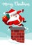 Vector cartoon illustration of funny cute Santa Claus with backpack full of gifts, jumping into a chimney doing hand vault.