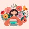 Vector cartoon illustration of a girl with books in a flower garden. Concept illustration of learning, distance studying and self