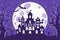 Vector cartoon illustration of Halloween haunted castle silhouette in a cemetery on a background of the full moon