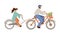 Vector cartoon illustration of happy family riding a fixed gear Co-Pilot Bike Trailer, bicycle with two adults, woman