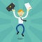 Vector cartoon illustration of a happy office worker with documents