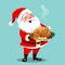 Vector cartoon illustration of happy smiling Santa Claus standing holding roasted turkey with vegetables on a platter. Christmas