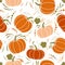 Vector cartoon illustration, hello autumn. Seamless pattern with cozy orange pumpkins, green pumpkin leaves. Thanksgiving day