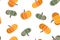 Vector cartoon illustration, hello autumn. Seamless pattern with cozy orange pumpkins, green pumpkin leaves. Thanksgiving day