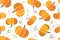 Vector cartoon illustration, hello autumn. Seamless pattern with cozy orange pumpkins, green pumpkin leaves. Thanksgiving day