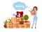 Vector cartoon illustration of loader mover woman in uniform carrying box. Pile of stacked cardboard boxes with stuff. Concept for