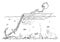 Vector Cartoon Illustration of Man or Businessman Rowing Hard on the Boat, But Don`t Moving Because of Big Anchor Stuck