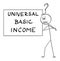 Vector Cartoon Illustration of Man or Businessman Thinking About Universal or Unconditional Basic Income