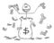 Vector Cartoon Illustration of Man or Businessman Throwing Dollar Cash Banknotes Around From the Big Money Bag