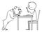 Vector Cartoon Illustration of Man Eating His Lunch and Salivating Bulldog Dog Scrounging For Food.