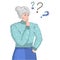 Vector cartoon illustration of old woman face emotions, girl question mark what . Woman character on white background.