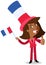 Vector cartoon illustration of patriotic French business woman waving flag celebrating Bastille Day giving thumbs up