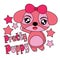 Vector cartoon illustration with pretty puppy and pink stars for kid t-shirt graphic design
