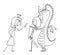 Vector Cartoon Illustration of Queen or Princess Yelling at Knight or Warrior or Prince and Dragon.Relationship Problem.