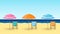 Vector cartoon illustration of sandy beach, chairs, umbrellas on sea background.
