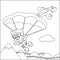 Vector cartoon illustration of skydiving with litlle cat, plane and clouds,