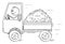 Vector Cartoon Illustration of Smiling Man or Driver Driving Small Truck Loaded by Sand or Soil. Logistic and